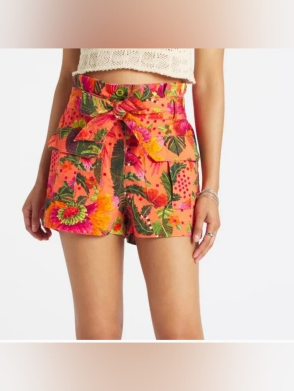 Farm Rio Blooming Garden Orange Tropical Print Self-Tie Belt Shorts In Large